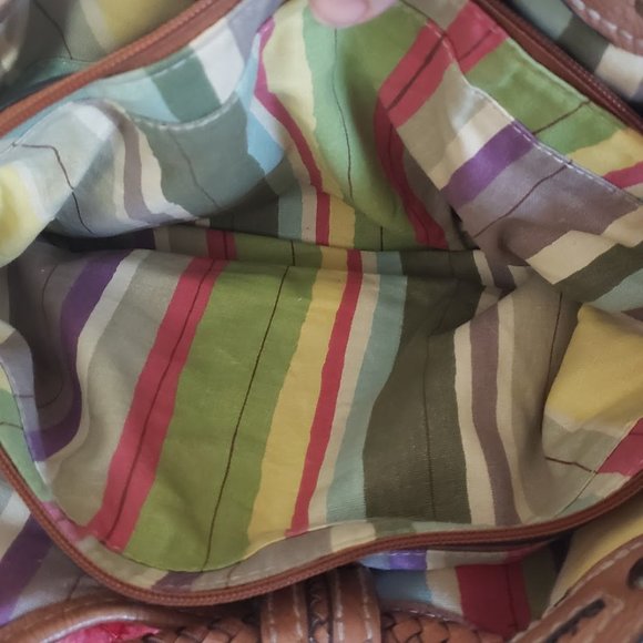 Fossil Womens Satchel Brown Fabric & Leather Braid Handles Key Charm Modern Vtg - Picture 10 of 16